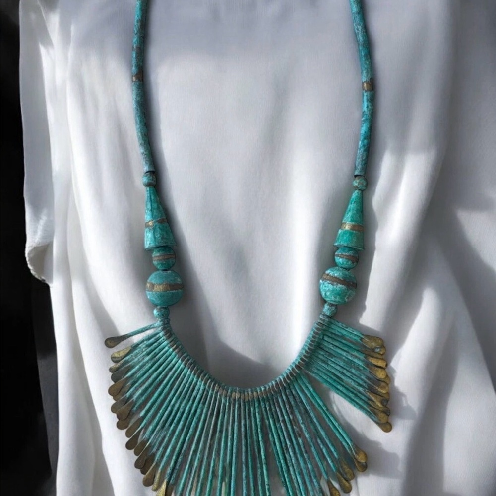 Vintage Turquoise Tone Statement Necklace Southwestern Style Fringe Bib Necklace